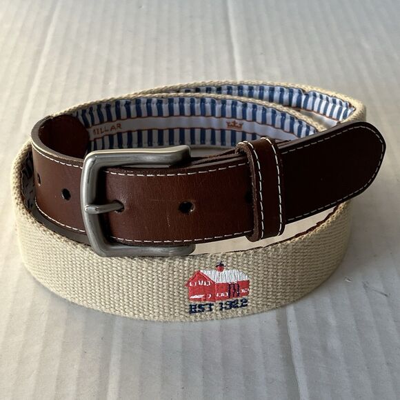Peter Millar Canvas Golf Belt Needlepoint Red Classic Barn Logo 36 Made In USA